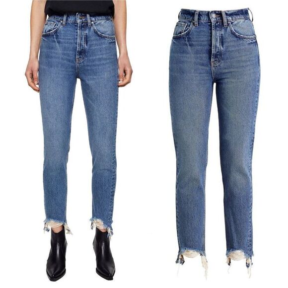 Anine Bing Sonya High Rise Raw Hem Jeans Straight Leg Med Wash Blue Size 25 - Picture 1 of 7